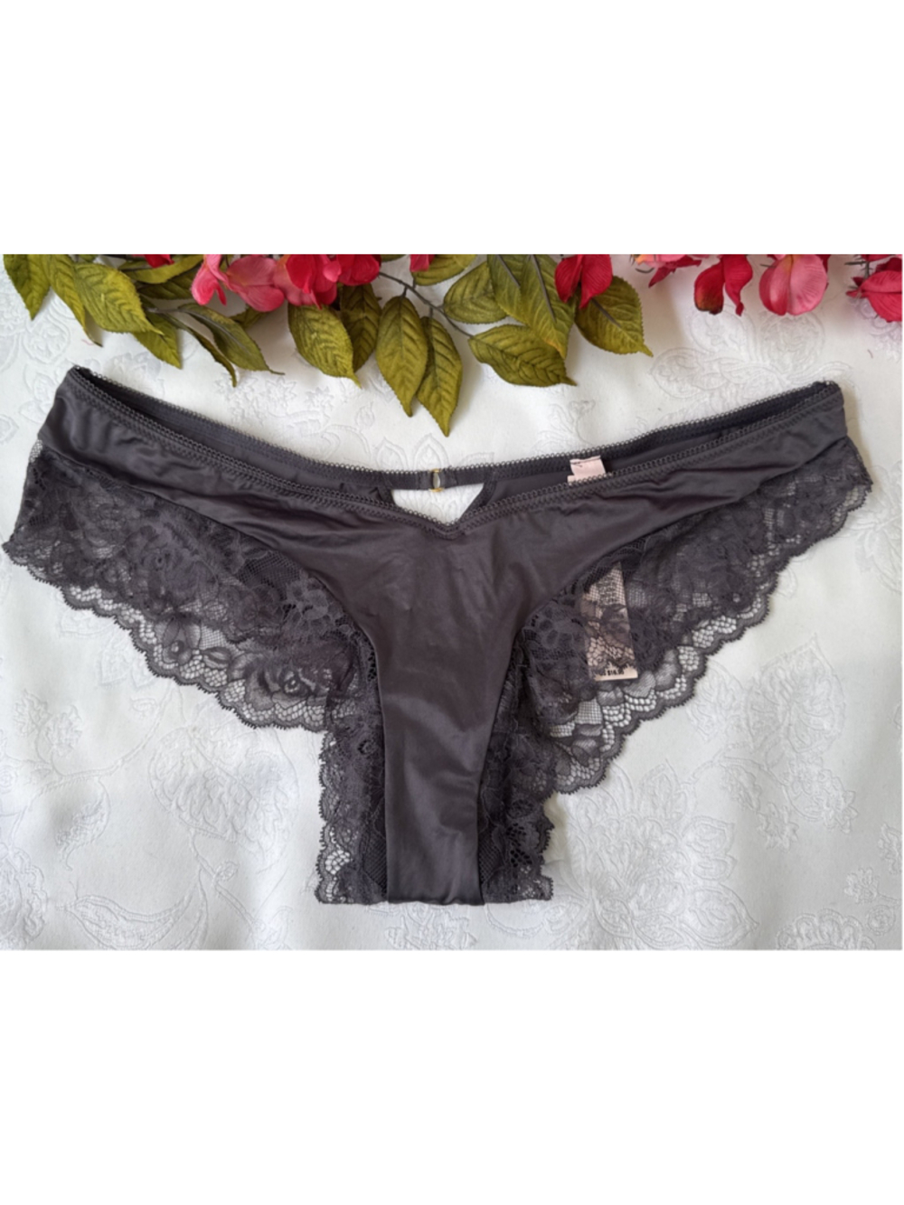 VICTORIA'S SECRET M GRAY SILKY HIGH LEG CHEEKY PANTIES CUT OUT CHARM STRAPPY NWT